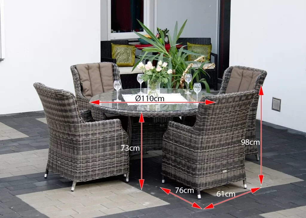 Zestaw ogrodowy ADRIA 110 — wymiary: stół Ø110cm, wys. 73cm, fotel wys. 98cm