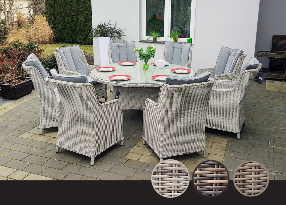 Zestaw ADRIA S8 160 — stół okrągły ⌀160 cm i 8 foteli technorattan