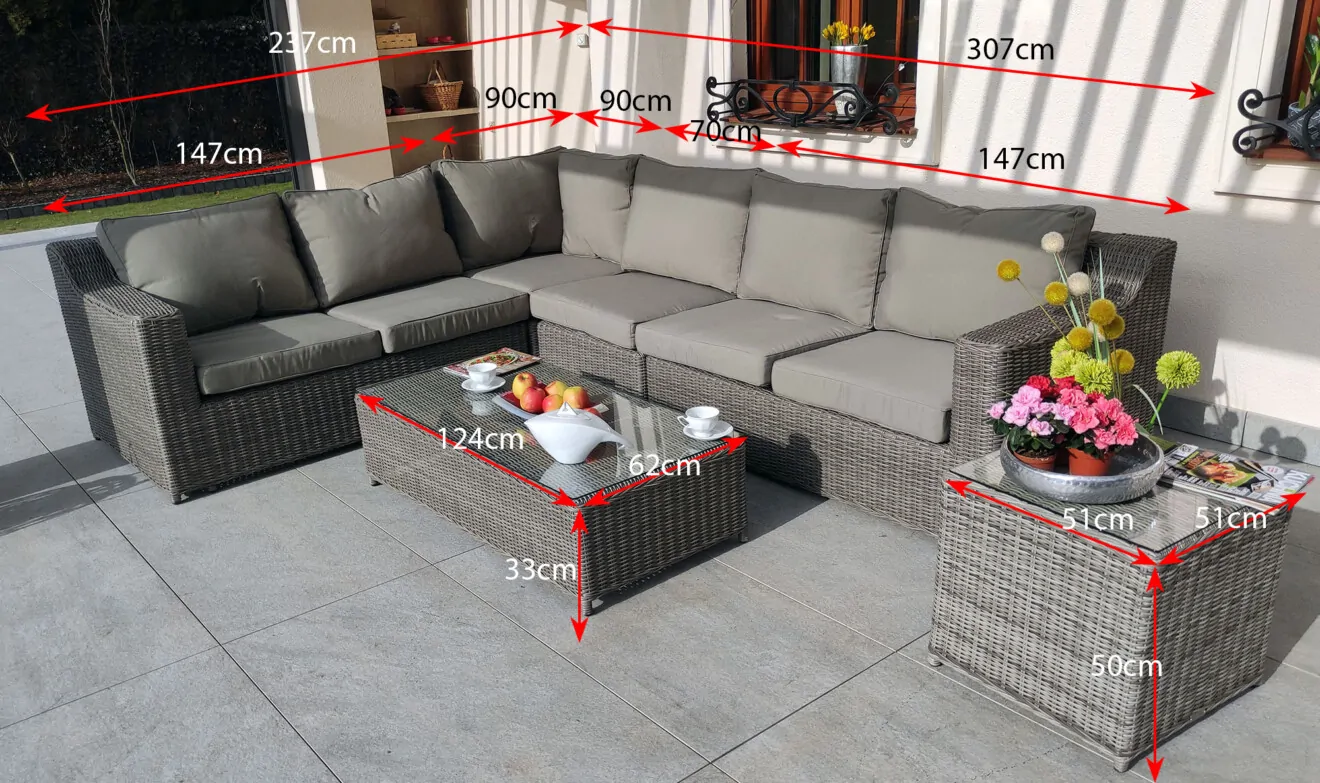 LEVANTE BIG — schemat wymiarów zestawu: sofa 3-os. 230 cm, sofa 2-os. 163 cm, fotele, podnóżek, stoliki