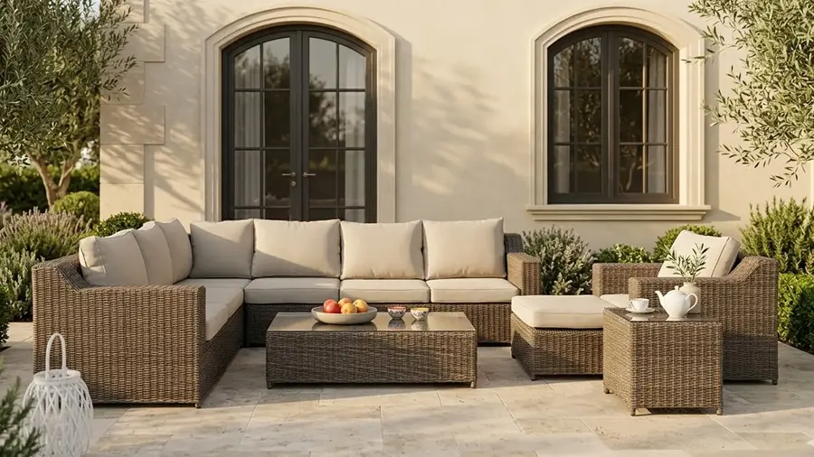 Narożnik ogrodowy LEVANTE CORNER — kompletny zestaw z technorattanu na tarasie