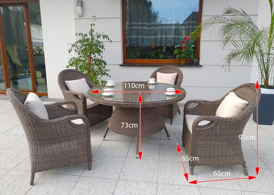 Wymiary zestawu OLIMP 110 — stół ⌀110cm i fotel 65×65×93cm