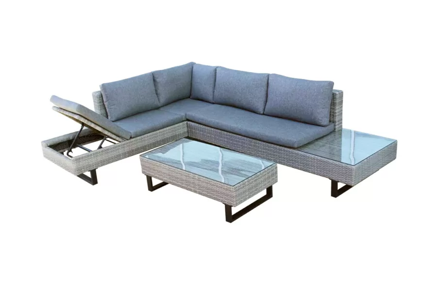 Narożnik z leżakiem PINETO jasno-szary — pełny zestaw na białym tle, leżak z uniesionym oparciem