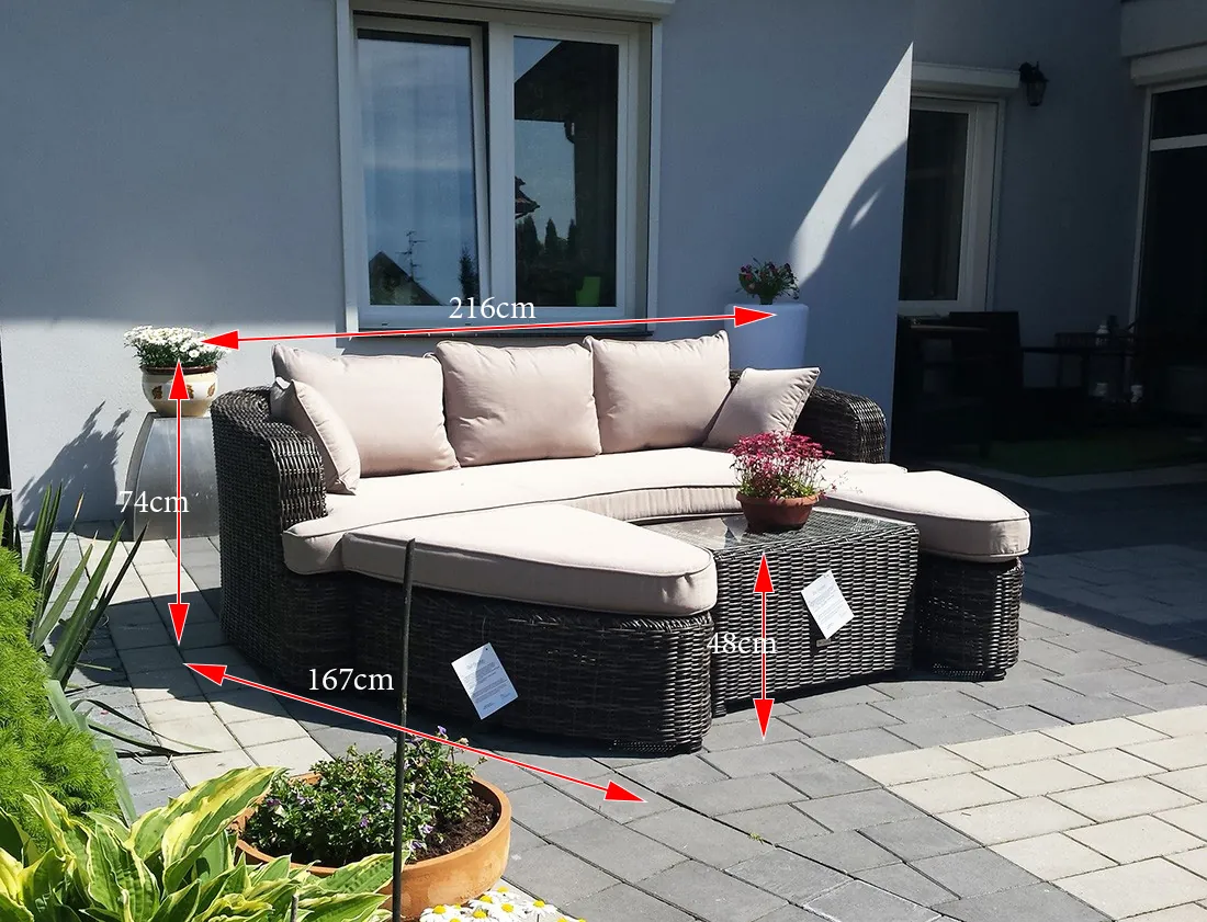 Wymiary leżanki ogrodowej ZAMORA LUX — schemat z oznaczeniami: leżanka 216×105×74 cm, głębokość z pufami 167 cm, stolik 48 cm